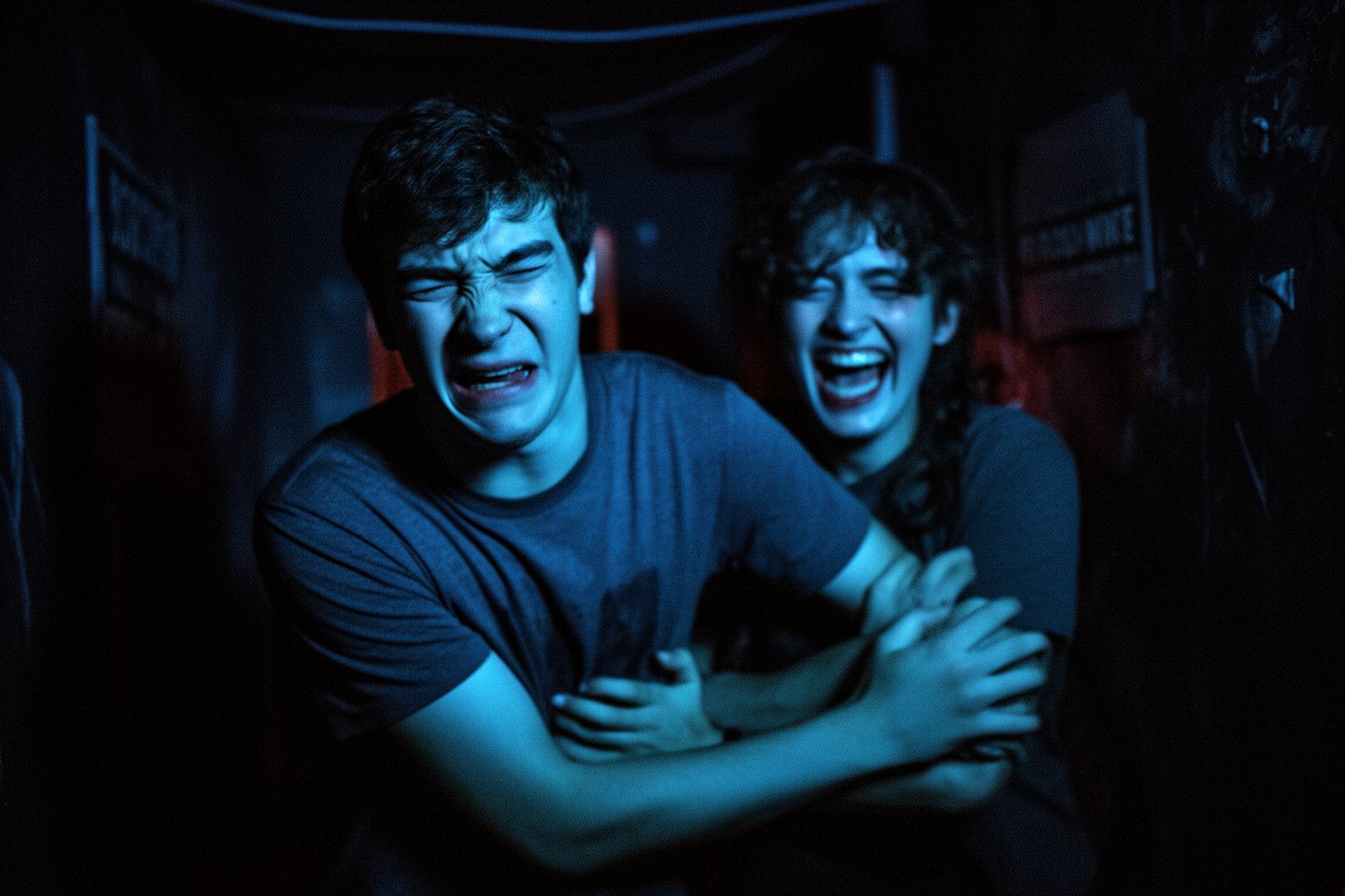The Basement Escape Room: The Science of the Thrill Player flinching as lights flicker in a horror escape room while a friend laughs