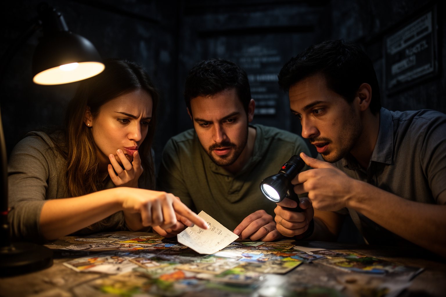 The Basement Escape Room: The Science of the Thrill Players frowning in concentration over a puzzle under a lamp in an escape room