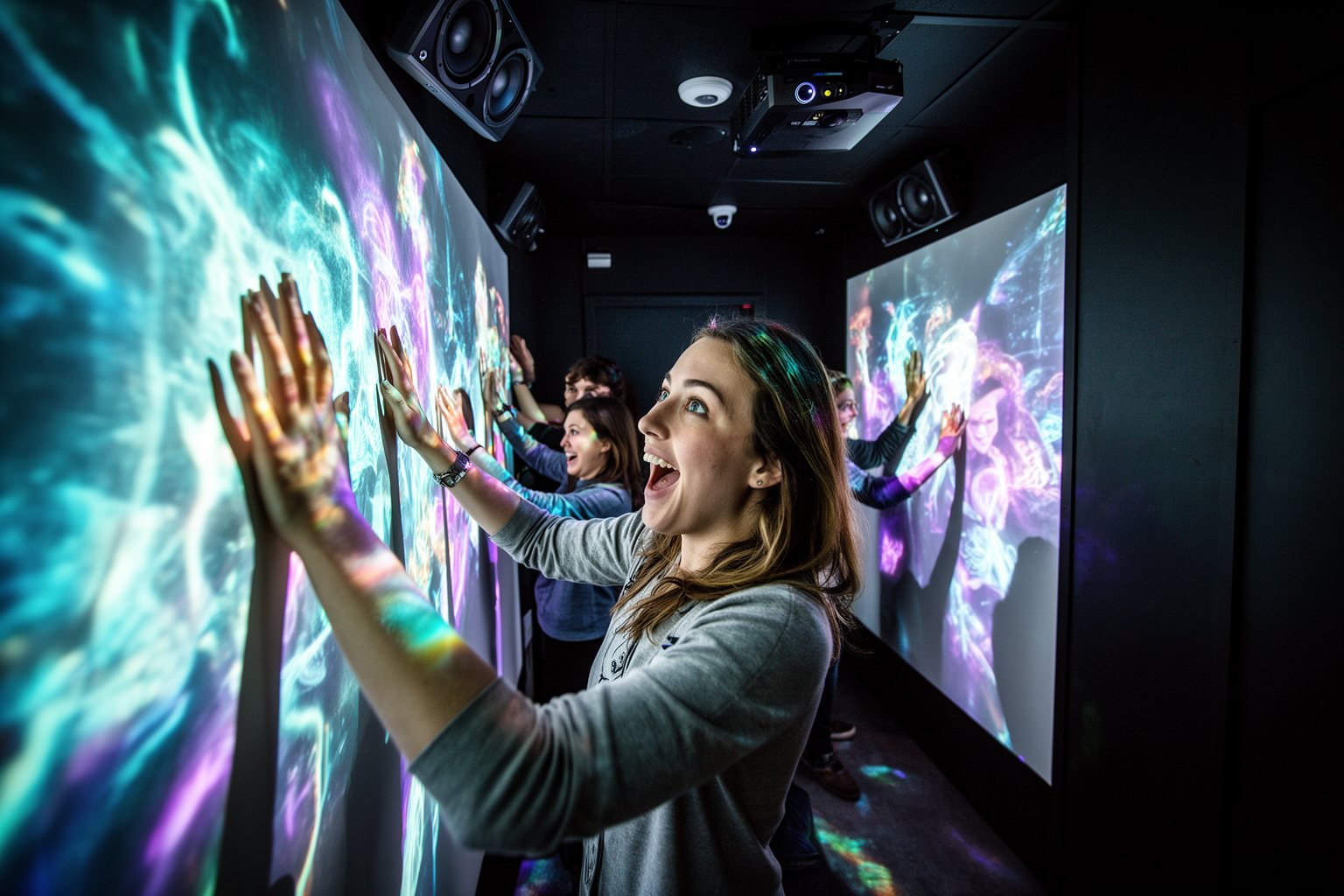 The Basement Escape Room: The Science of the Thrill Players in a modern escape room where projection-mapped walls react to their touch