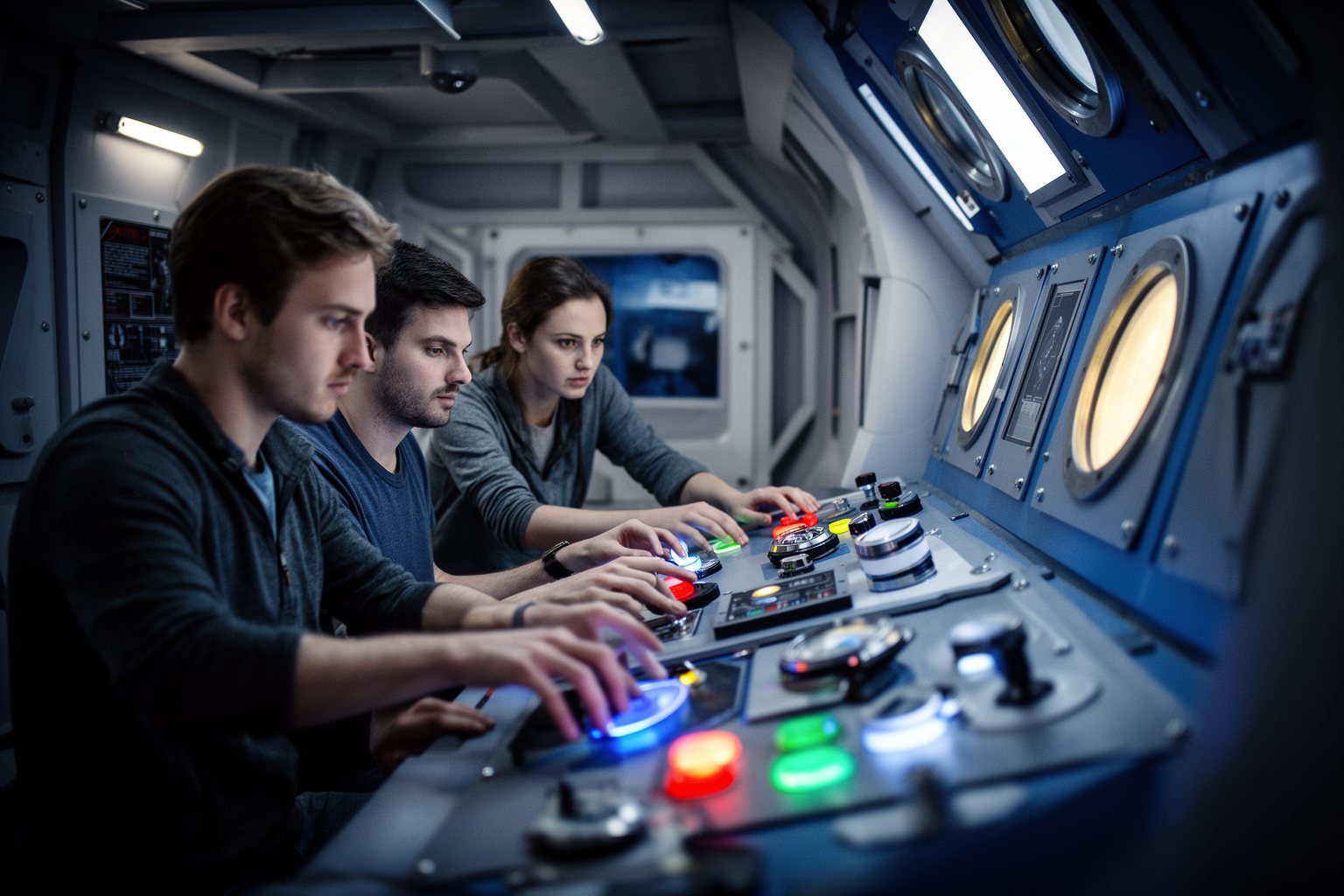 10 Las Vegas Escape Rooms You Absolutely Must Try Players working a glowing control panel in a spaceship-themed high-tech escape room