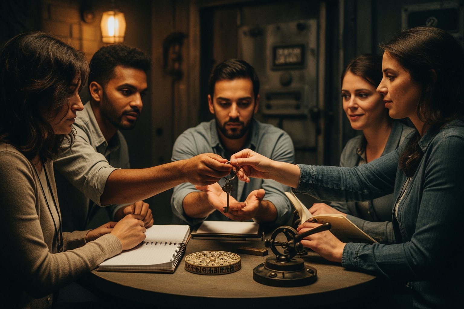 The Basement Escape Room: The Science of the Thrill Team members passing clues hand to hand around a table to crack a code in an escape room