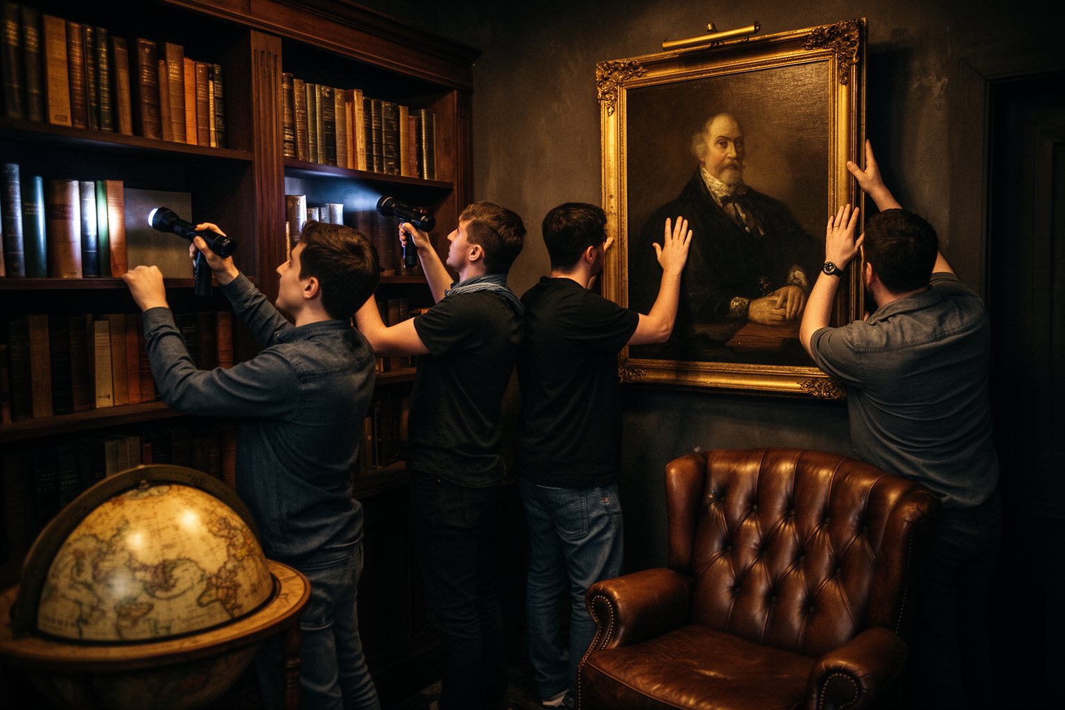 10 Las Vegas Escape Rooms You Absolutely Must Try Friends searching bookshelves with flashlights in a vintage study-themed escape room