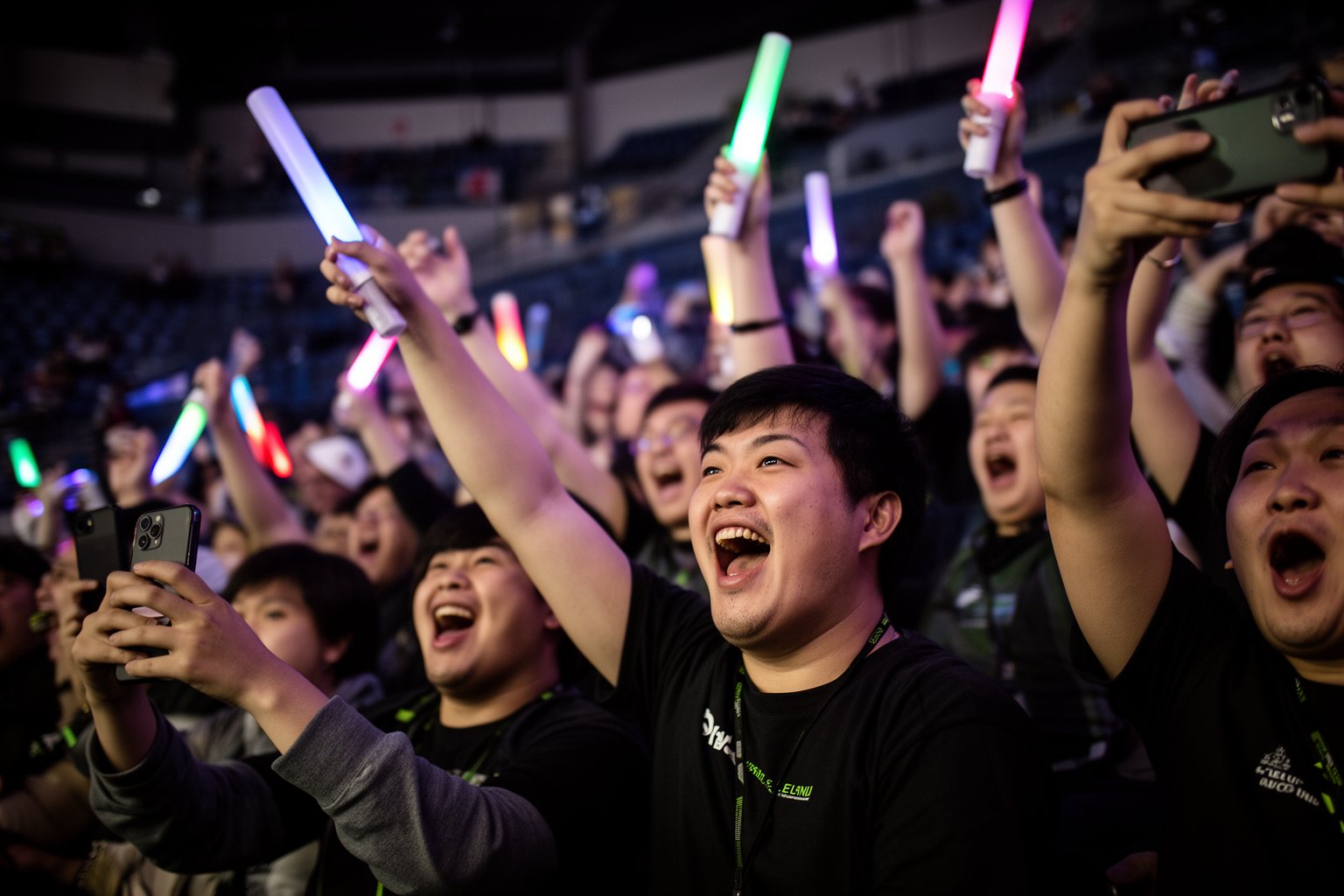 Esports and Social Networks: How Communities Drive Growth Esports fans cheering and filming on their phones in the arena stands