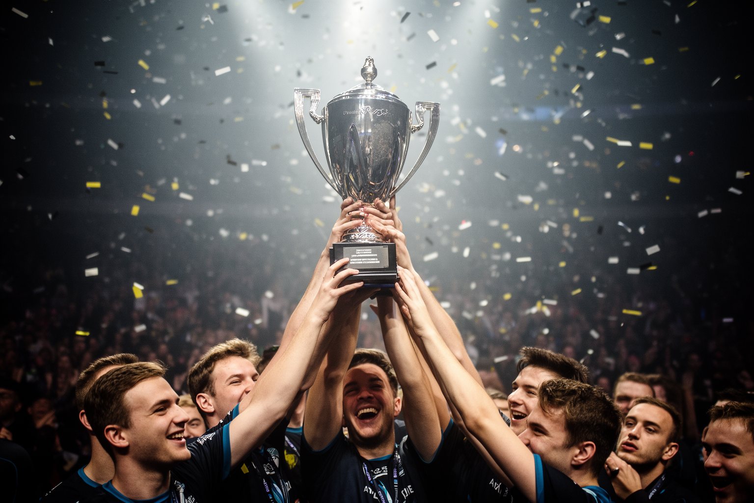 Esports and Social Networks: How Communities Drive Growth Esports team lifting a trophy on stage as confetti falls