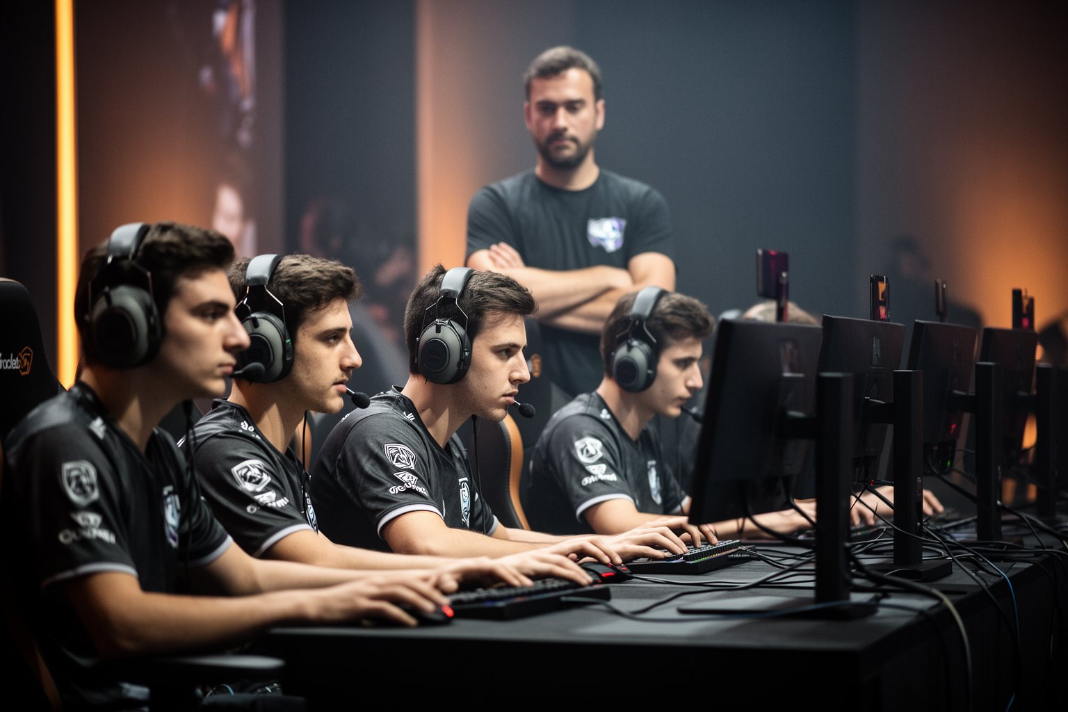 Esports and Social Networks: How Communities Drive Growth Esports team in matching jerseys competing on stage while their coach watches