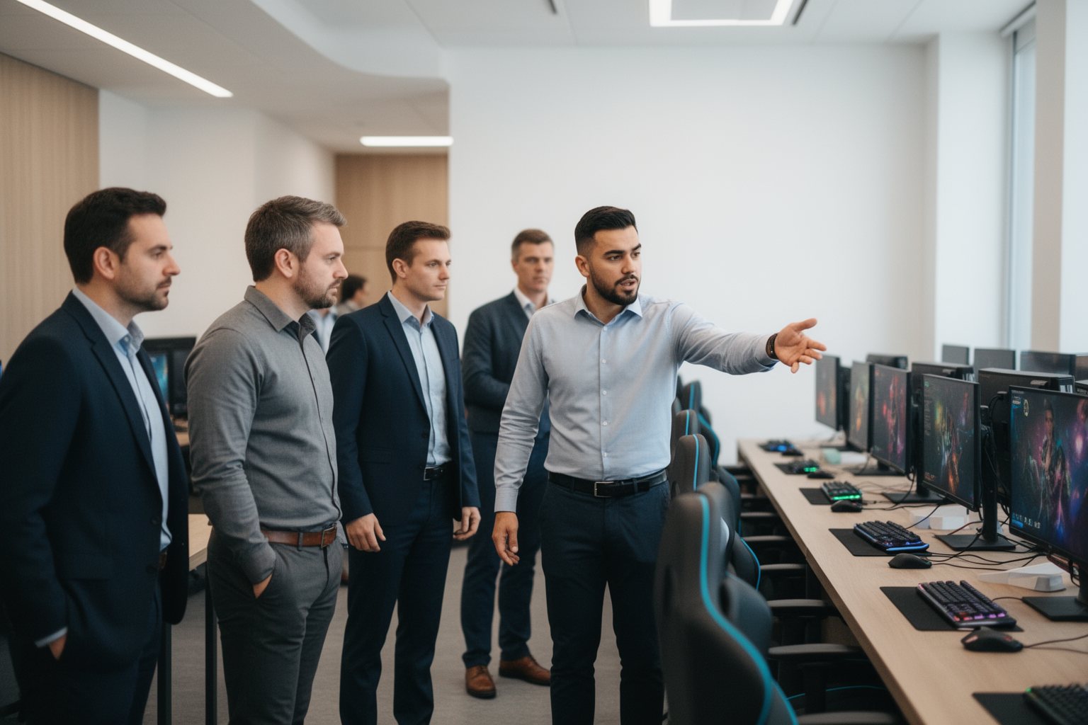 Esports and Social Networks: How Communities Drive Growth Business investors touring a modern esports team training facility