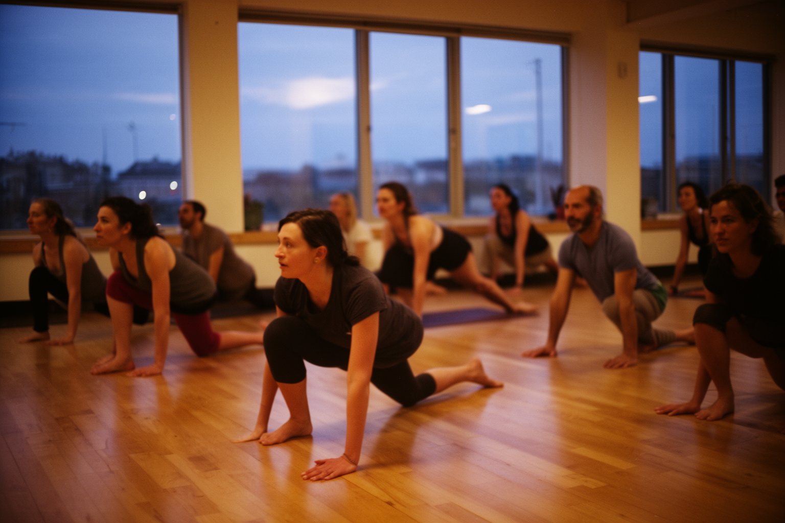 Hacking Your Sleep For A Restful Night Adults doing a gentle evening yoga class in a warmly lit studio