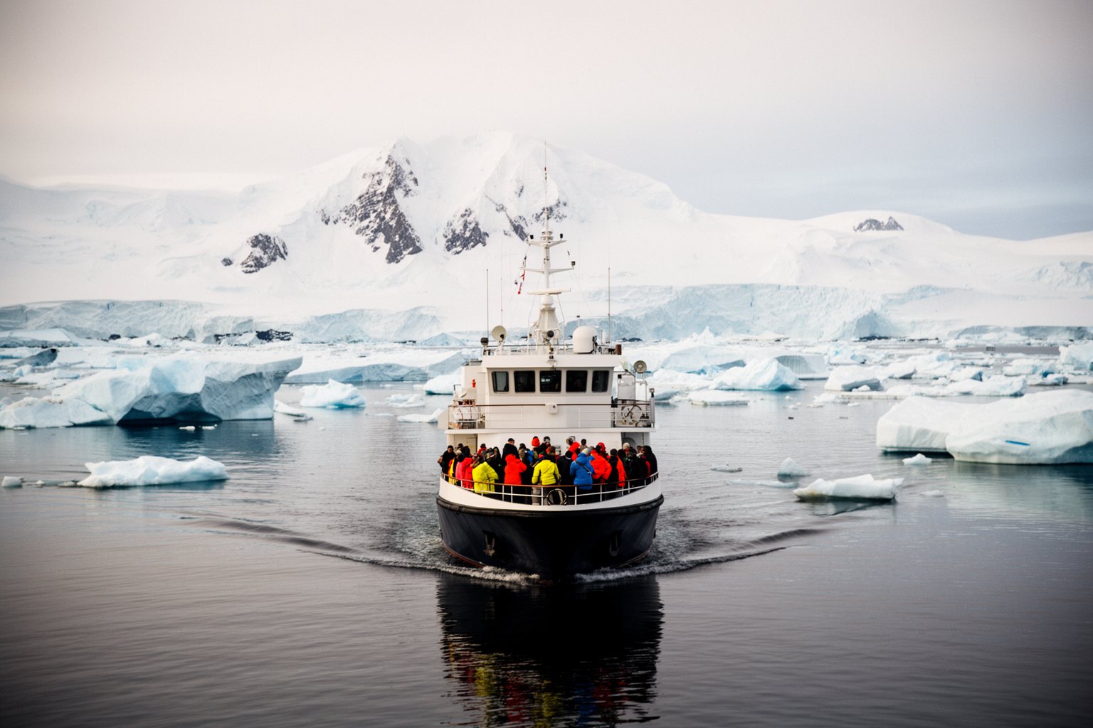 Expedition ship among icebergs in Antarctica with guests on deck
