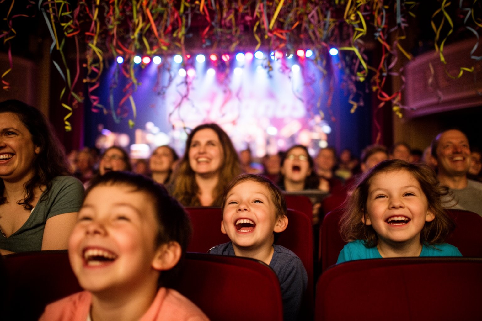 The Complete Guide to Las Vegas Shows Parents and kids laughing in the audience at a colourful, family-friendly Las Vegas percussion show
