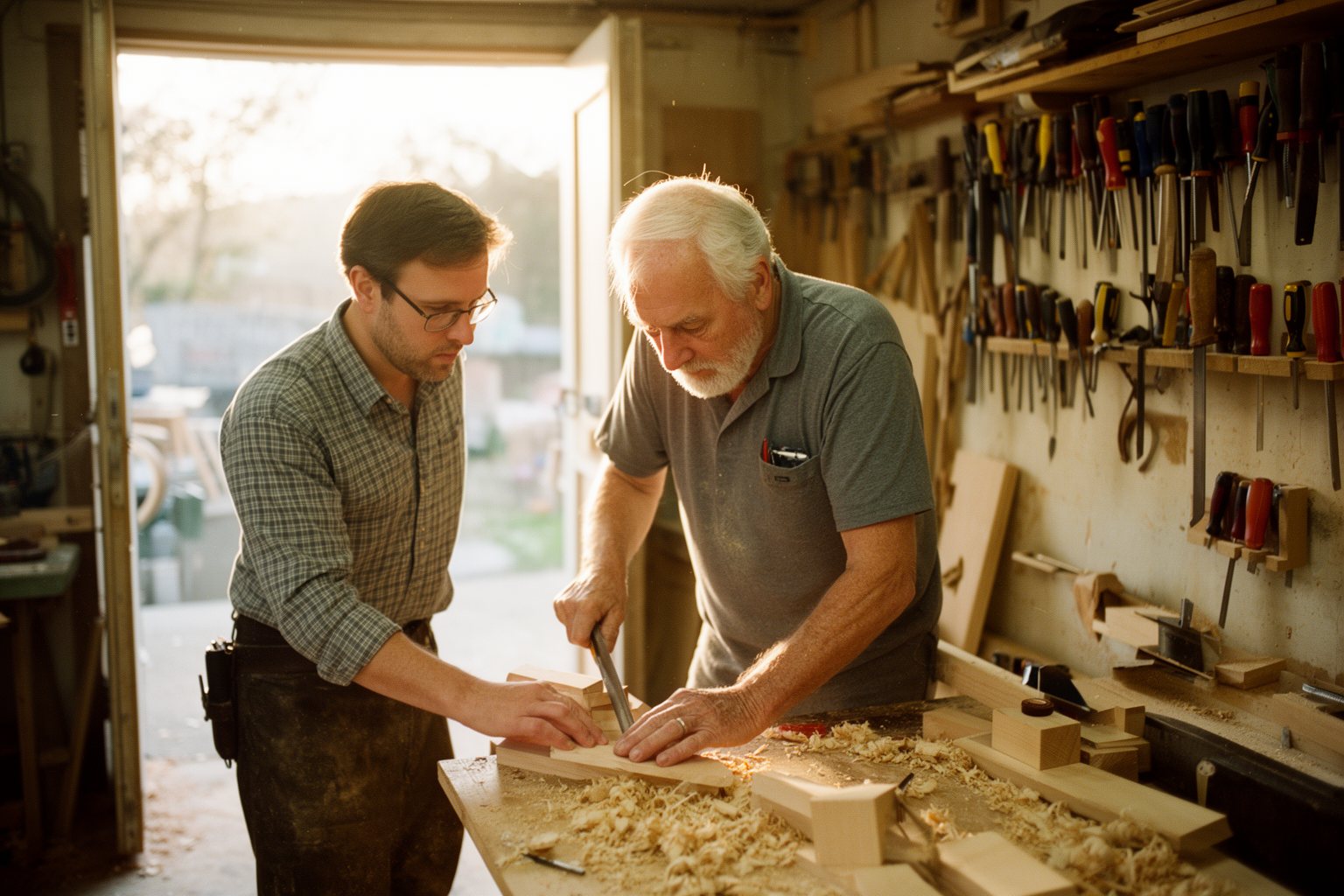 Father and adult son working together in their family-owned workshop