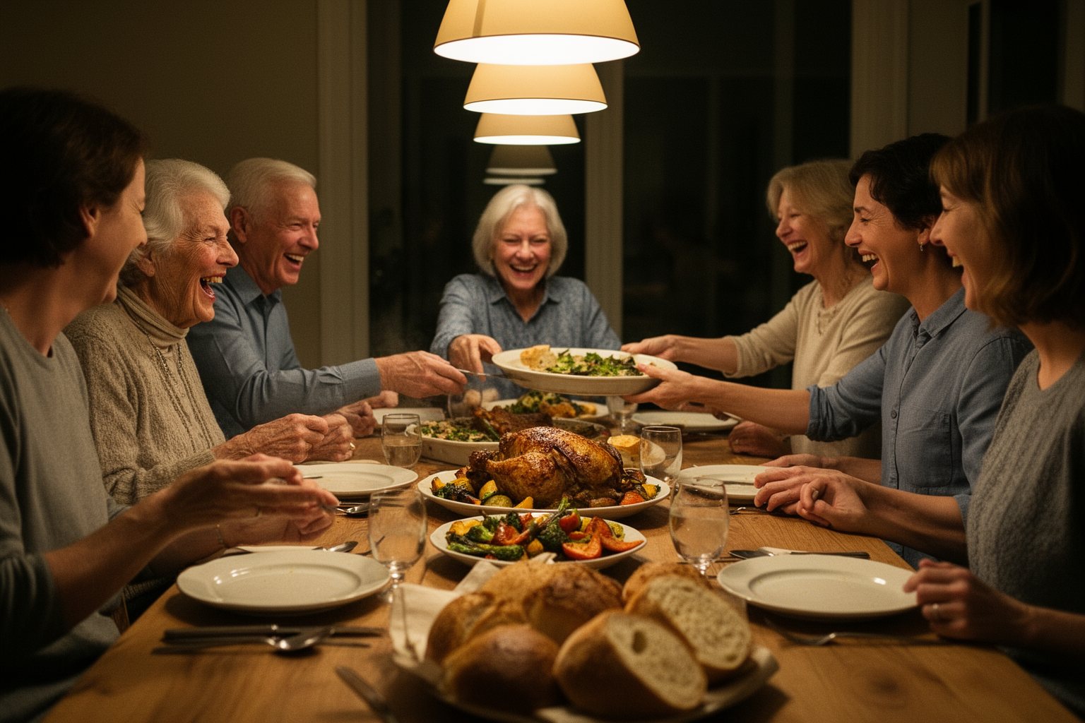 Three generations of a family sharing a Sunday dinner at a long table
