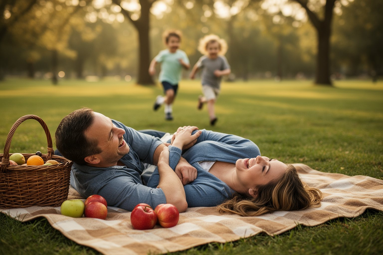 Raising Young Twins: Surviving the Twin Tornado Relaxed parents enjoying a picnic while their twins run around the park