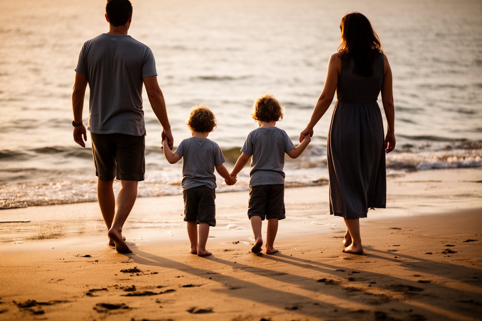 Twin Parenting: The Unexpected Journey of Tears and Laughter Family walking along a beach at sunset, parents holding hands with their young twins
