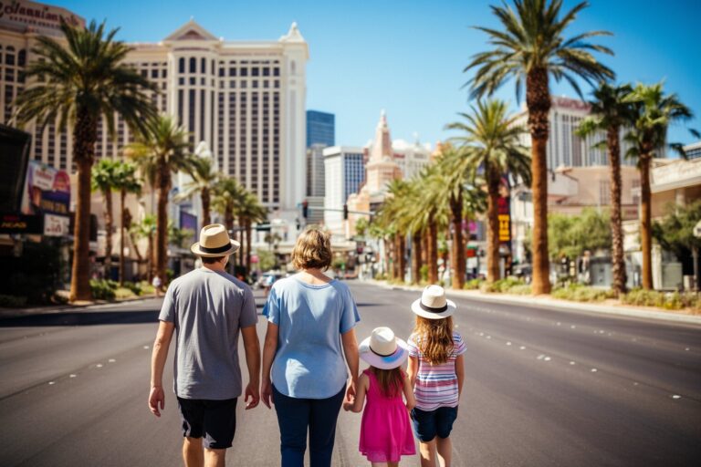 Family walking along the Las Vegas Strip in the daytime past the hotel towers