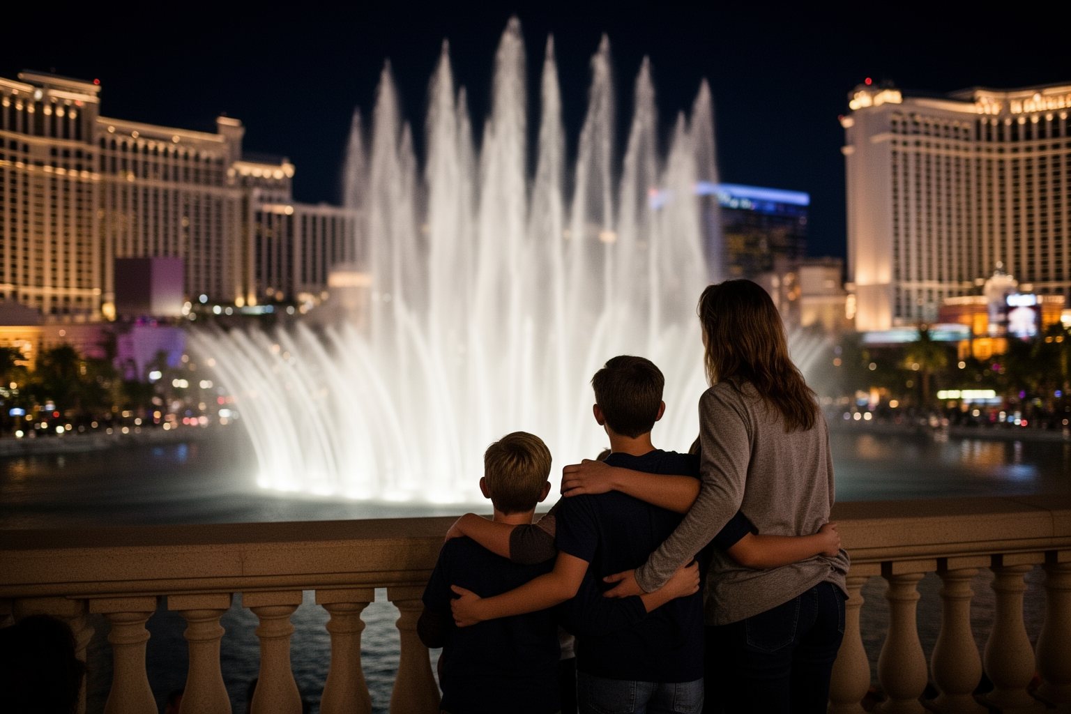 Your Family’s Perfect Home Base: Child-Friendly Hotels in Vegas Family watching a dancing fountain show on the Las Vegas Strip at night