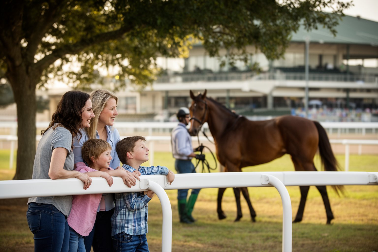 10 Reasons Why Tampa Bay Downs Should Be Your Next Destination Family leaning on the paddock rail watching a groom walk a racehorse