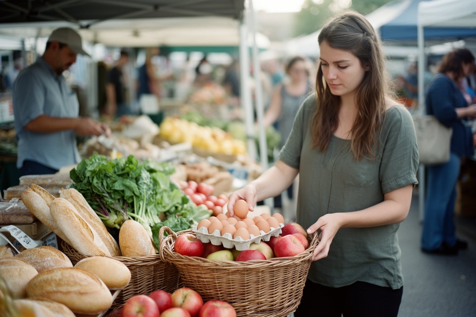 Money Advice for Your 20s: What I Wish I Knew Shopper filling a basket with eggs, fruit and vegetables from several market stalls, a nod to diversification