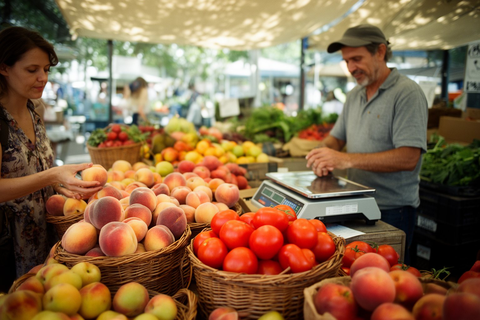 Shopper choosing fresh seasonal fruit and vegetables at an outdoor market stall