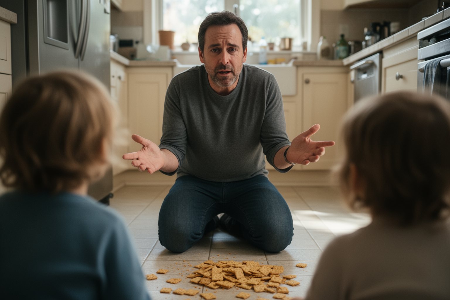 Raising Young Twins: Surviving the Twin Tornado Father kneeling calmly on the kitchen floor to comfort two upset toddlers