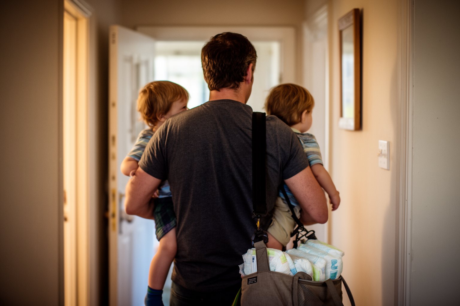 Raising Young Twins: Surviving the Twin Tornado Father carrying a toddler on each hip down a hallway, the reality of raising young twins