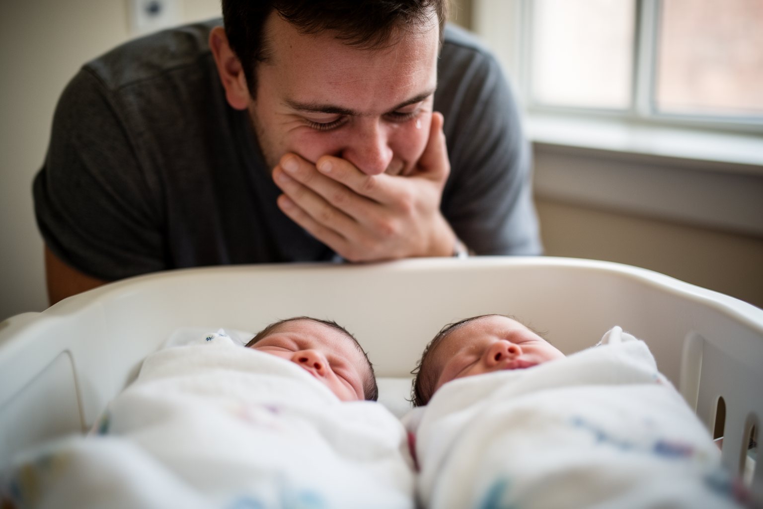 Twin Parenting: The Unexpected Journey of Tears and Laughter Emotional father gazing at his newborn twins in hospital bassinets