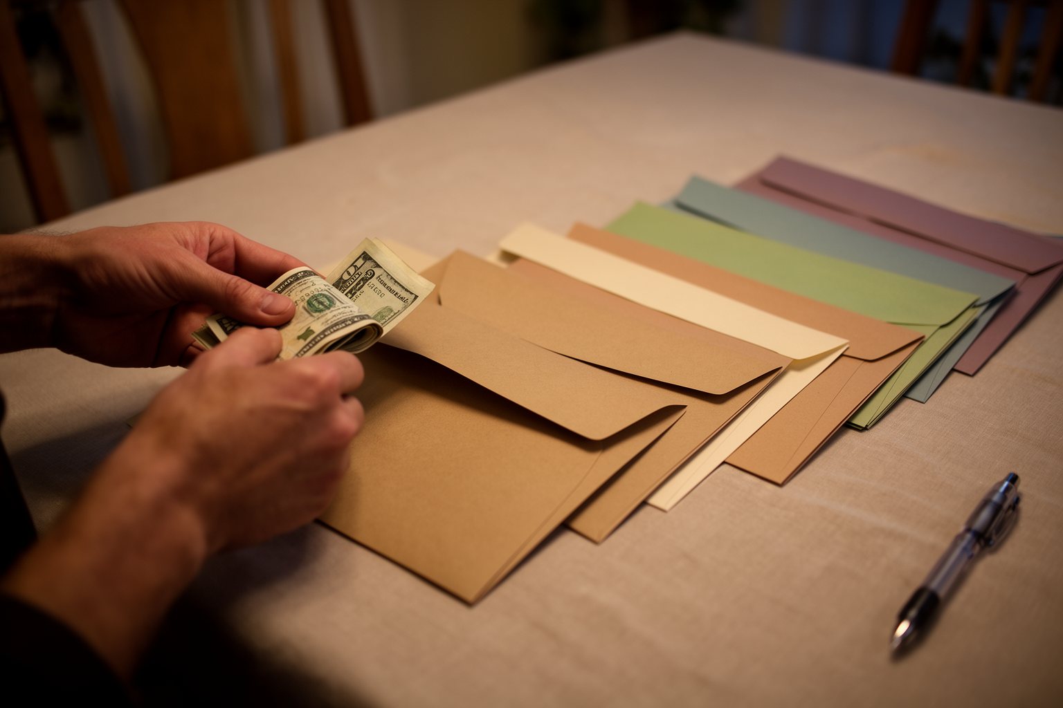 8 Budgeting Basics You Probably Don't Know Hands filling paper cash envelopes for different spending categories at a table