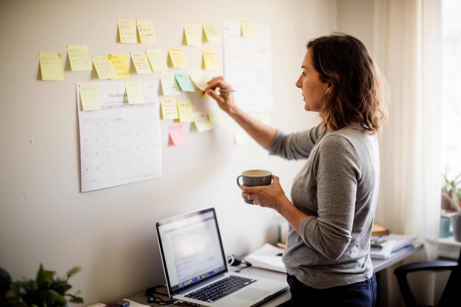 Shattering 5 Finance Myths You've Believed Since Your 40s Woman mapping out a financial plan with sticky notes on a home office wall