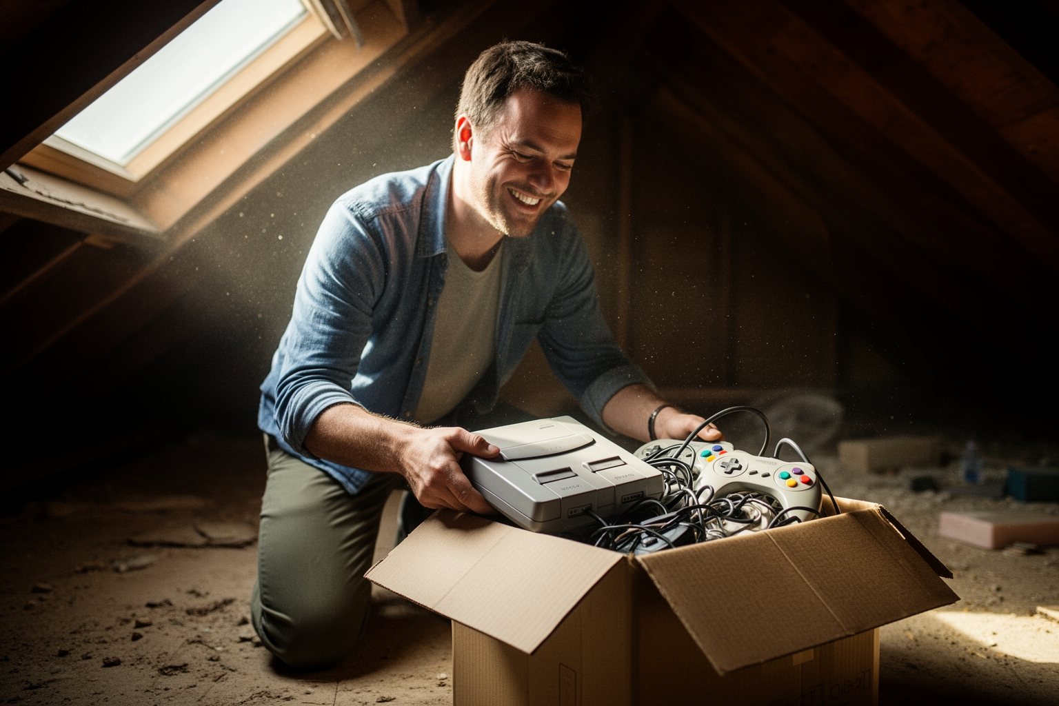 Man pulling an old game console out of a cardboard box in the attic