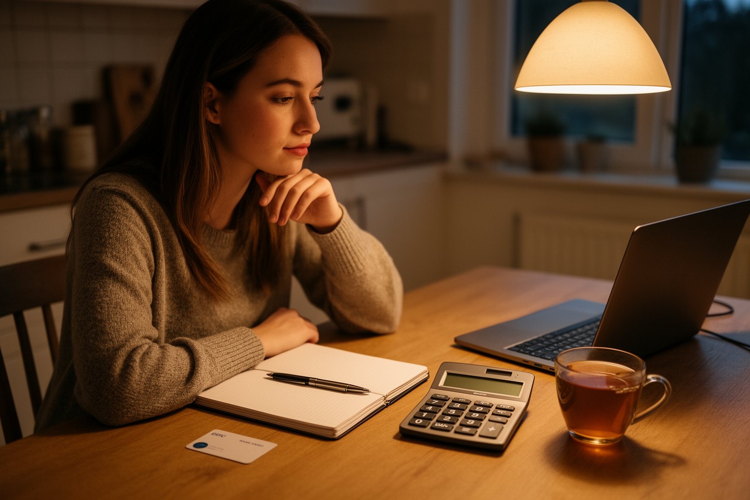 Credit Score vs GPA: Why Your Credit Matters More Young woman planning to build credit with a bank card, notebook and calculator at a table
