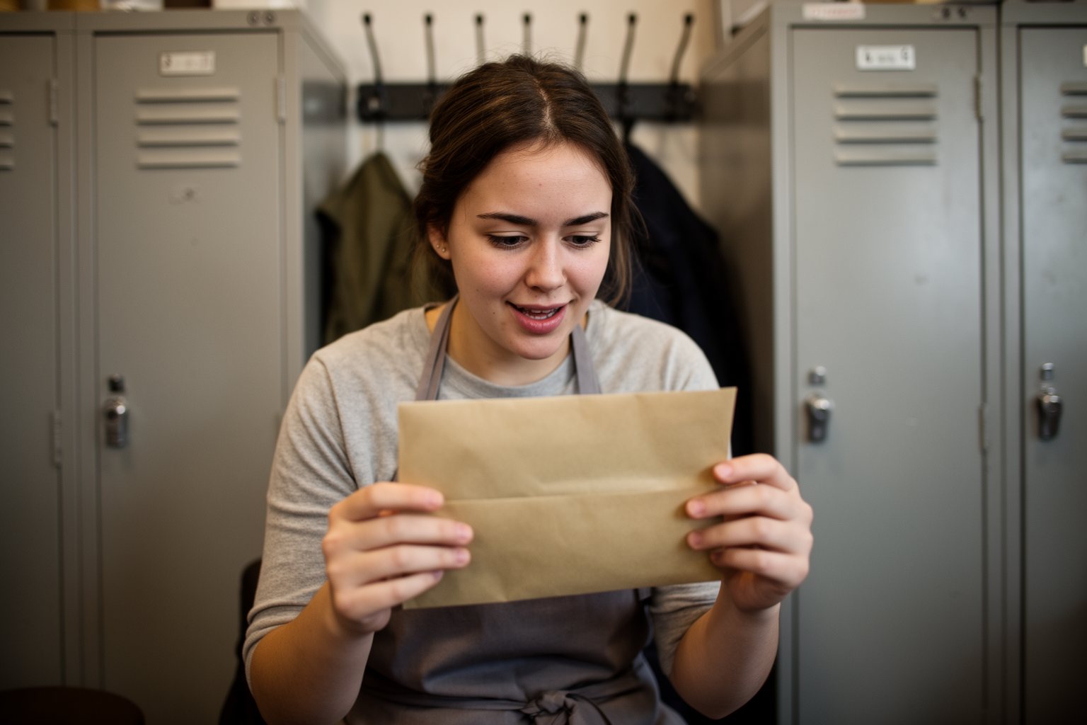 Money Advice for Your 20s: What I Wish I Knew Young café worker opening her first pay envelope in the staff room