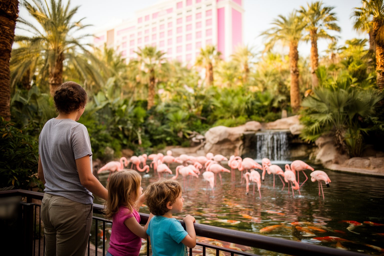 Your Family’s Perfect Home Base: Child-Friendly Hotels in Vegas Family watching pink flamingos and koi at the free Flamingo Wildlife Habitat on the Las Vegas Strip