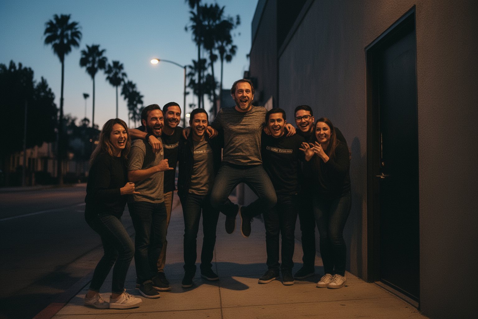 The Basement Escape Room: The Science of the Thrill Friends celebrating on a Los Angeles street at night after escaping the room