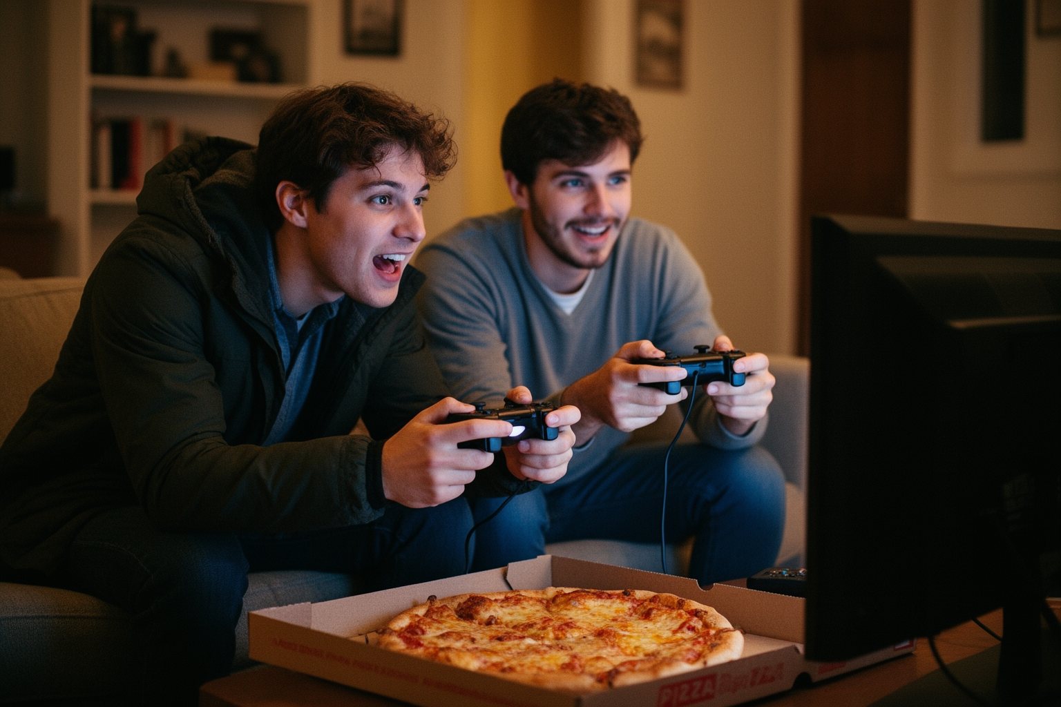 PC vs Console Gaming Cost: Which Is Cheaper Long Term? Friend visiting to play a console-only game on the sofa together