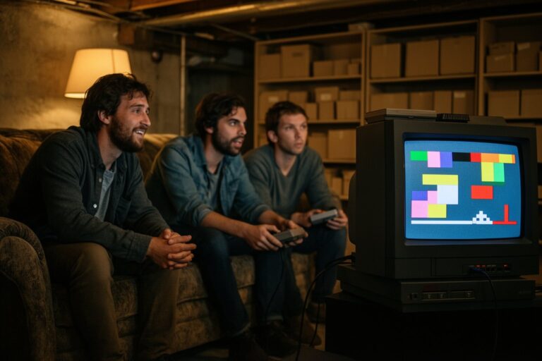 Retro Gaming Resurgence: Why Classic Games Are Back Friends playing classic games on a retro console and CRT television in a cosy basement