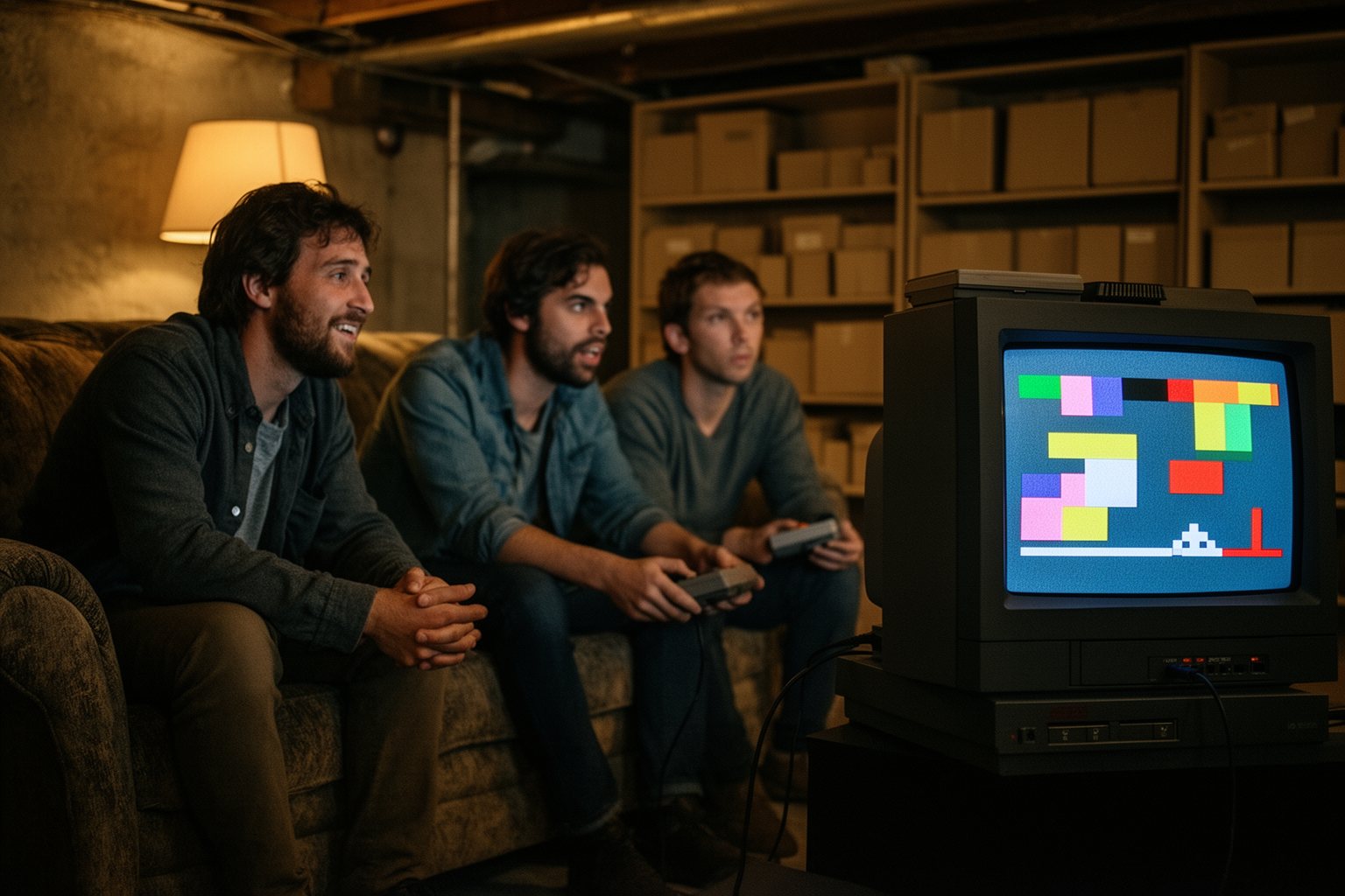 Friends playing classic games on a retro console and CRT television in a cosy basement