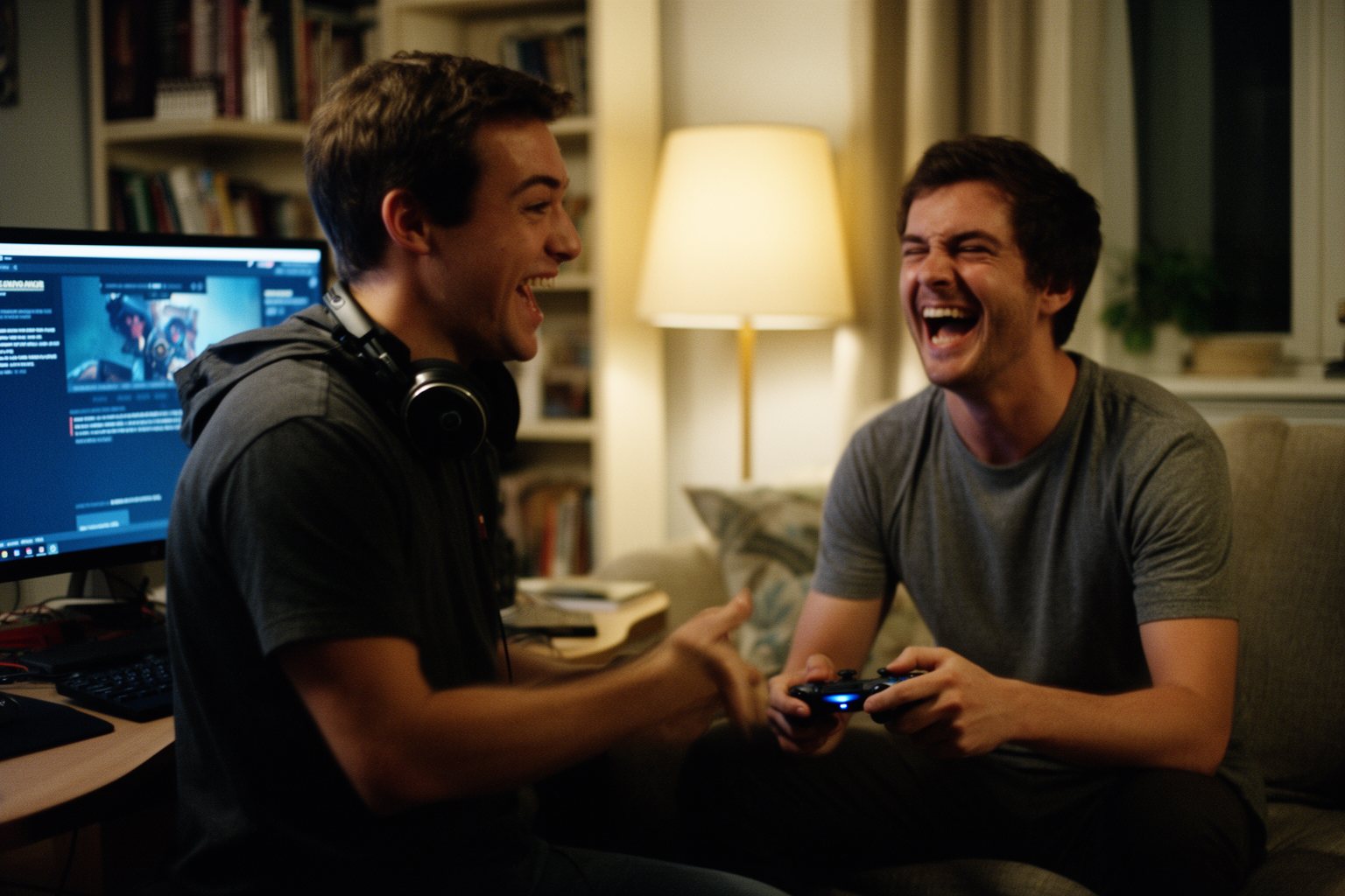 PC vs Console Gaming Cost: Which Is Cheaper Long Term? Two friends playfully debating PC versus console gaming in a shared apartment