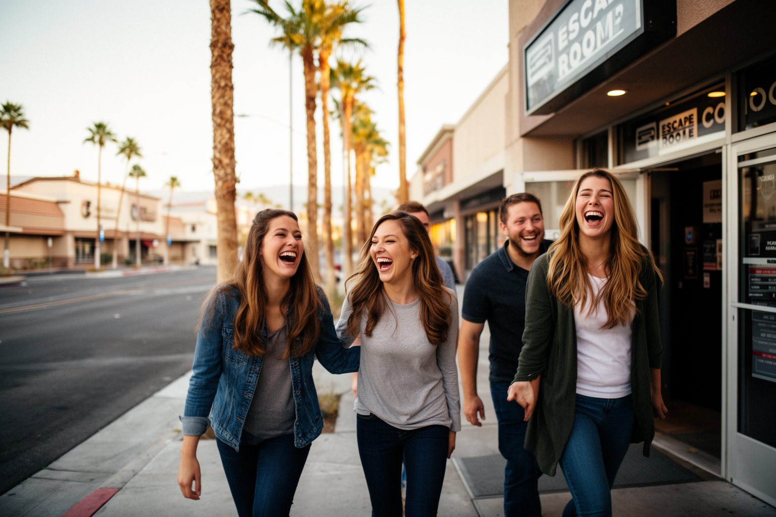 10 Las Vegas Escape Rooms You Absolutely Must Try Friends laughing as they leave a Las Vegas escape room onto a sunny sidewalk with palm trees