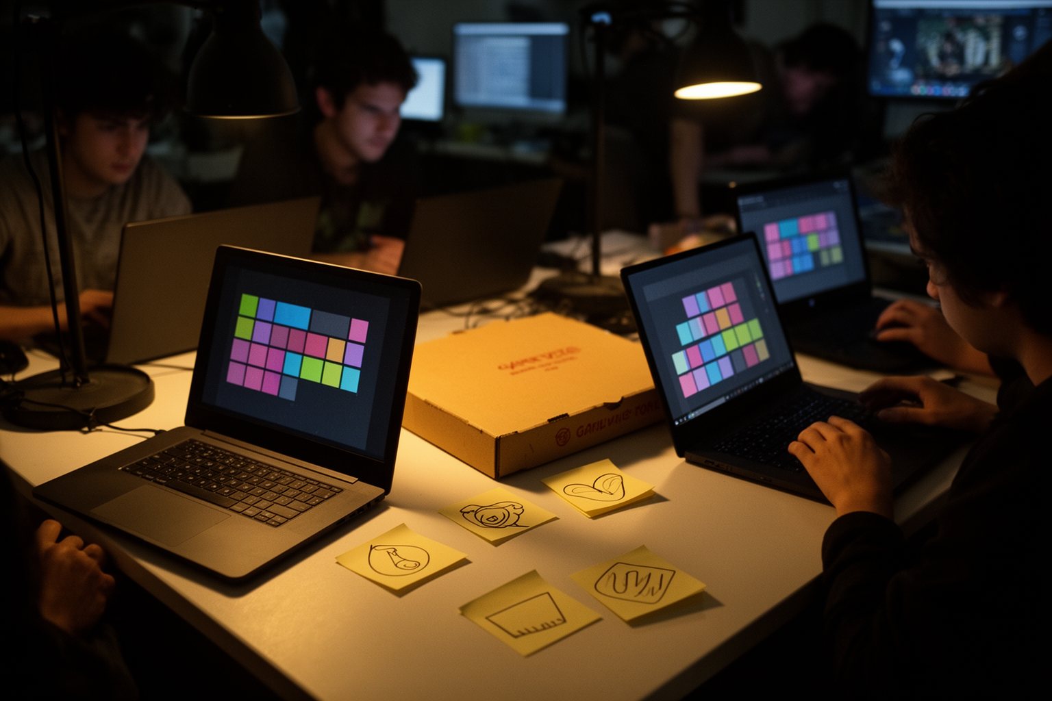 Indie developers building a quirky pixel RPG together at a late-night game jam