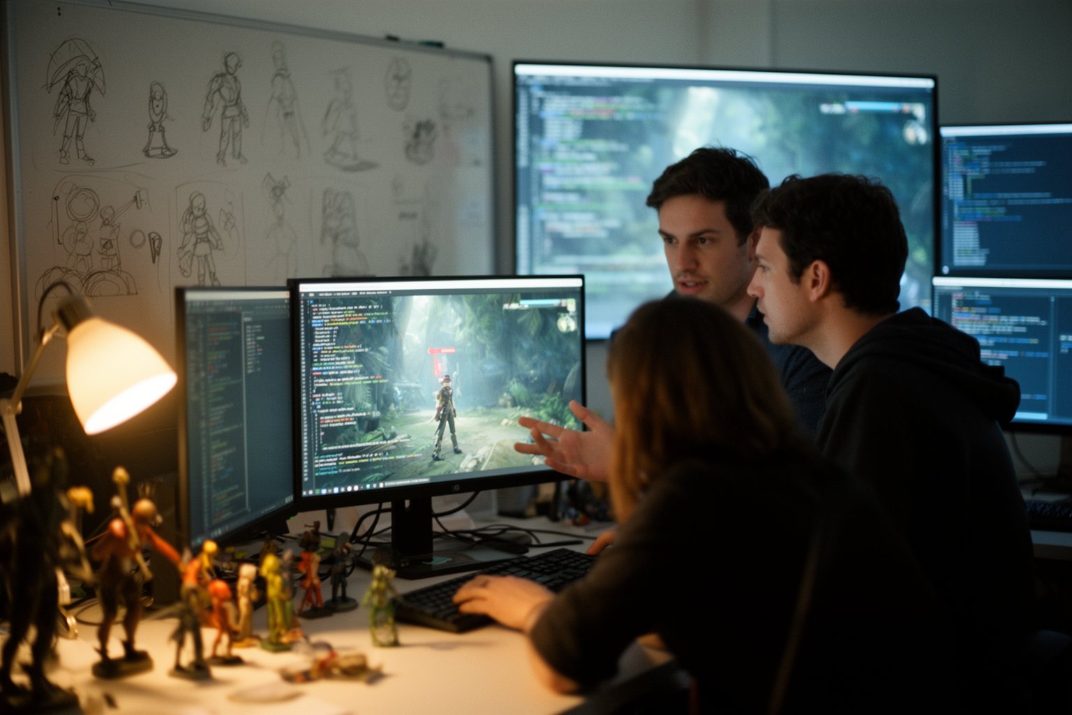 AI in PC Gaming: How It Powers Realistic Game Worlds Game developers discussing character AI around monitors in a game studio