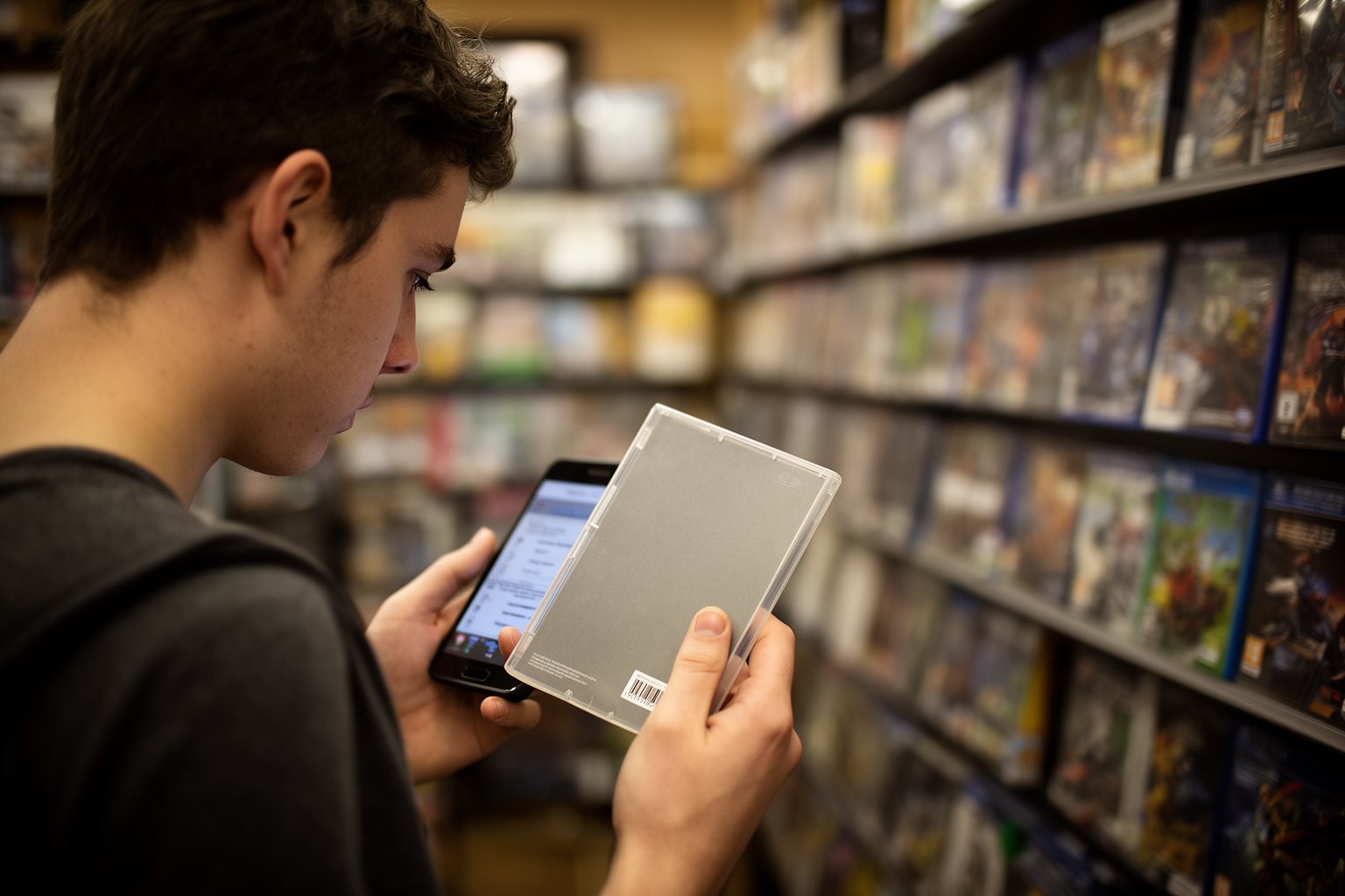 PC vs Console Gaming Cost: Which Is Cheaper Long Term? Gamer comparing game prices while browsing shelves of game cases