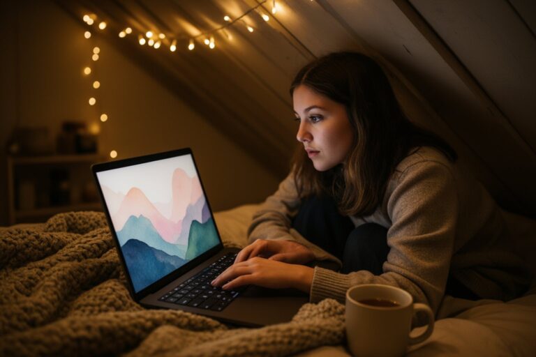 Nooks and Crannies: Hidden Gems in Indie Games Gamer playing a colourful indie game on a laptop in a cosy attic bedroom at night