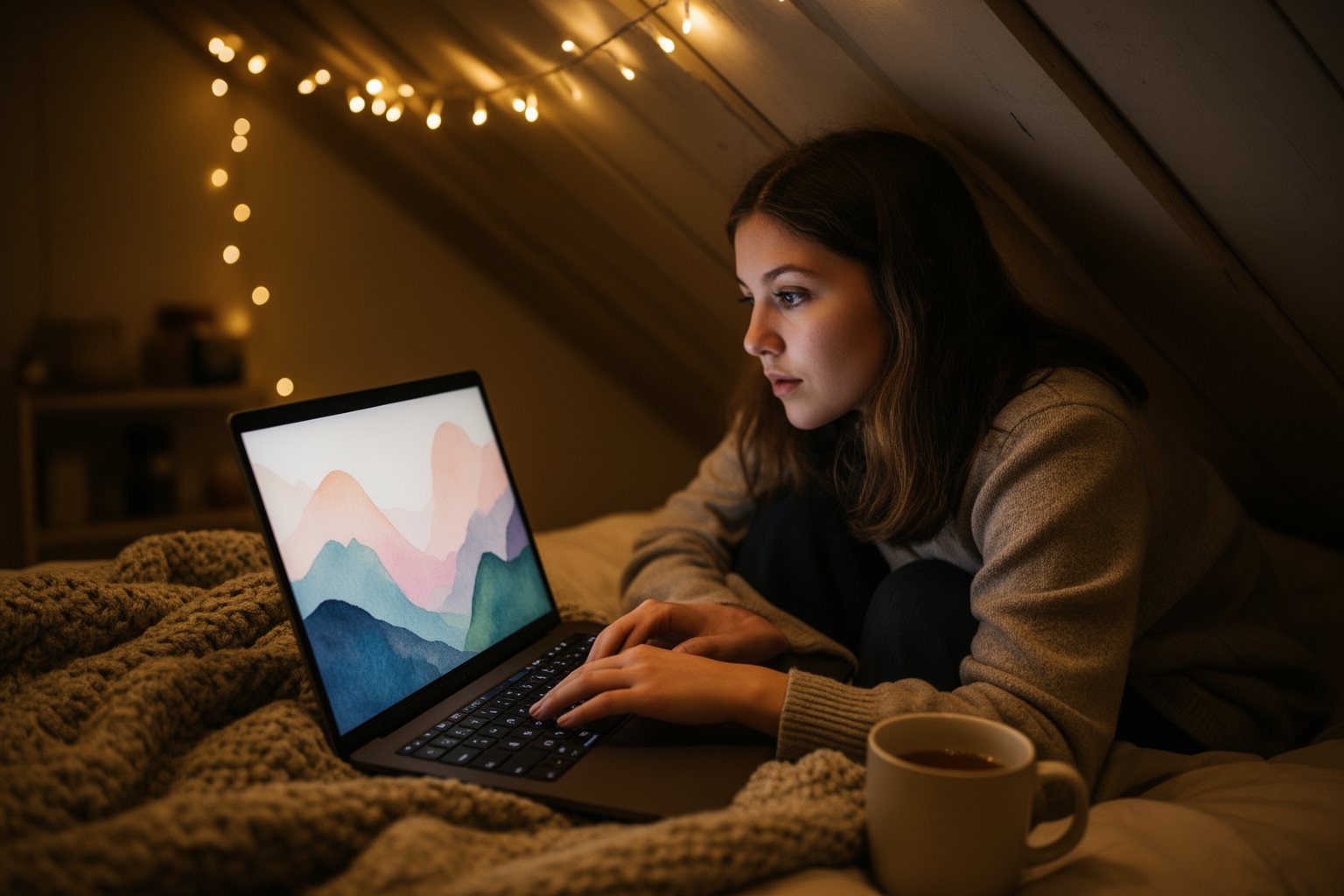 Gamer playing a colourful indie game on a laptop in a cosy attic bedroom at night