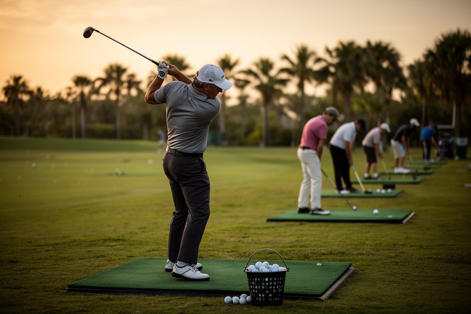 10 Reasons Why Tampa Bay Downs Should Be Your Next Destination Golfer swinging at the driving range of the golf practice facility at sunset