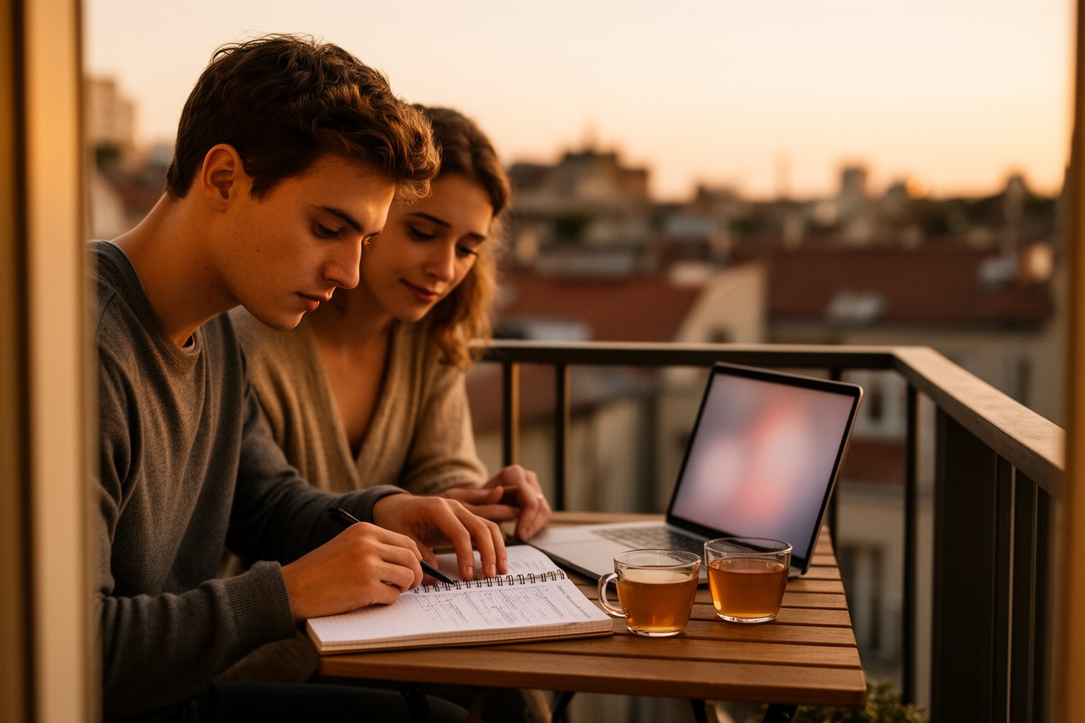 Credit Score vs GPA: Why Your Credit Matters More Young couple planning their finances with a notebook and laptop on an apartment balcony