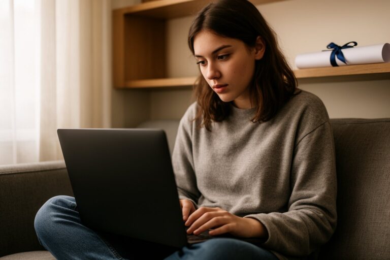 Credit Score vs GPA: Why Your Credit Matters More Recent graduate checking her credit on a laptop in her first apartment