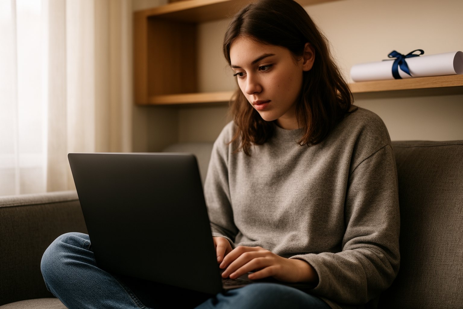 Credit Score vs GPA: Why Your Credit Matters More Recent graduate checking her credit on a laptop in her first apartment