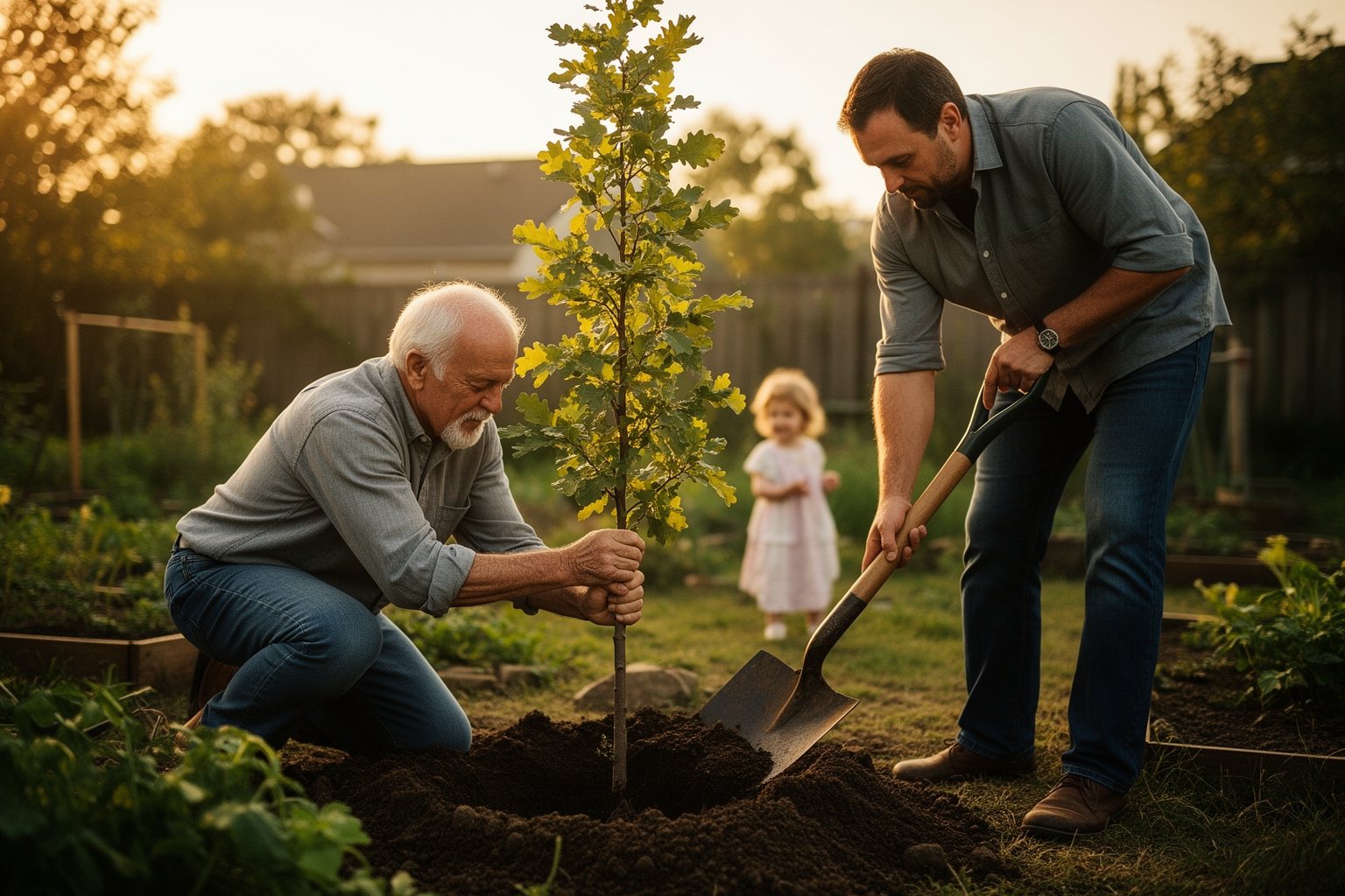 Grandfather and adult son planting a young tree in a garden, a lasting legacy