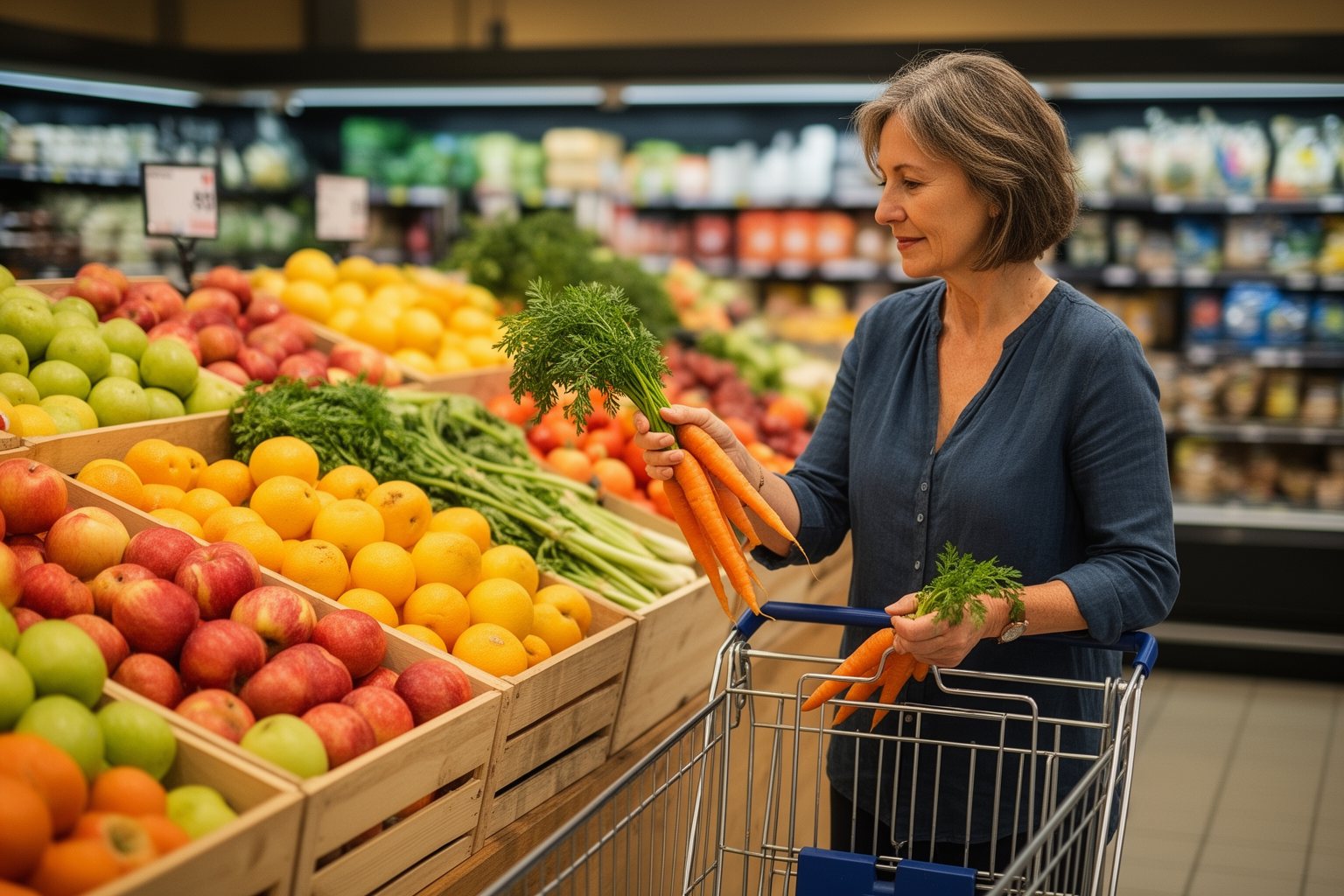 Shopper choosing vegetables in a supermarket produce aisle to save money on groceries