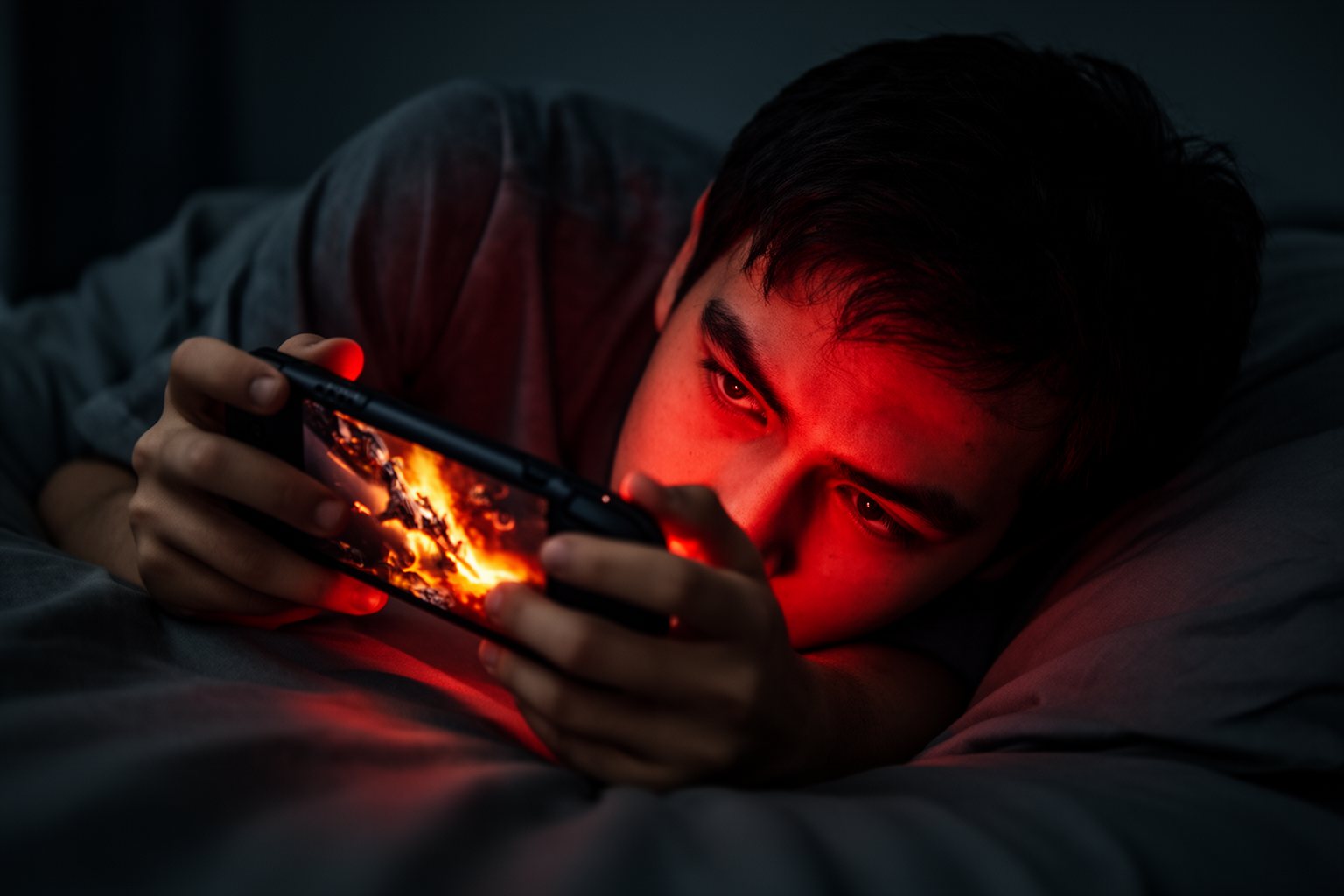 Player gripping a handheld console lit by the red and orange glow of a fiery action game