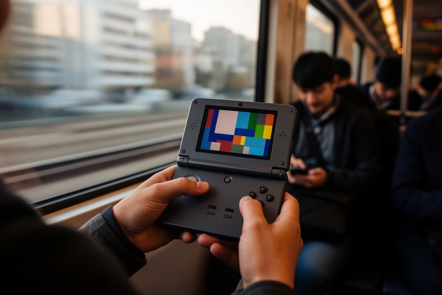 Commuter playing a retro pixel game on a modern handheld console on a train